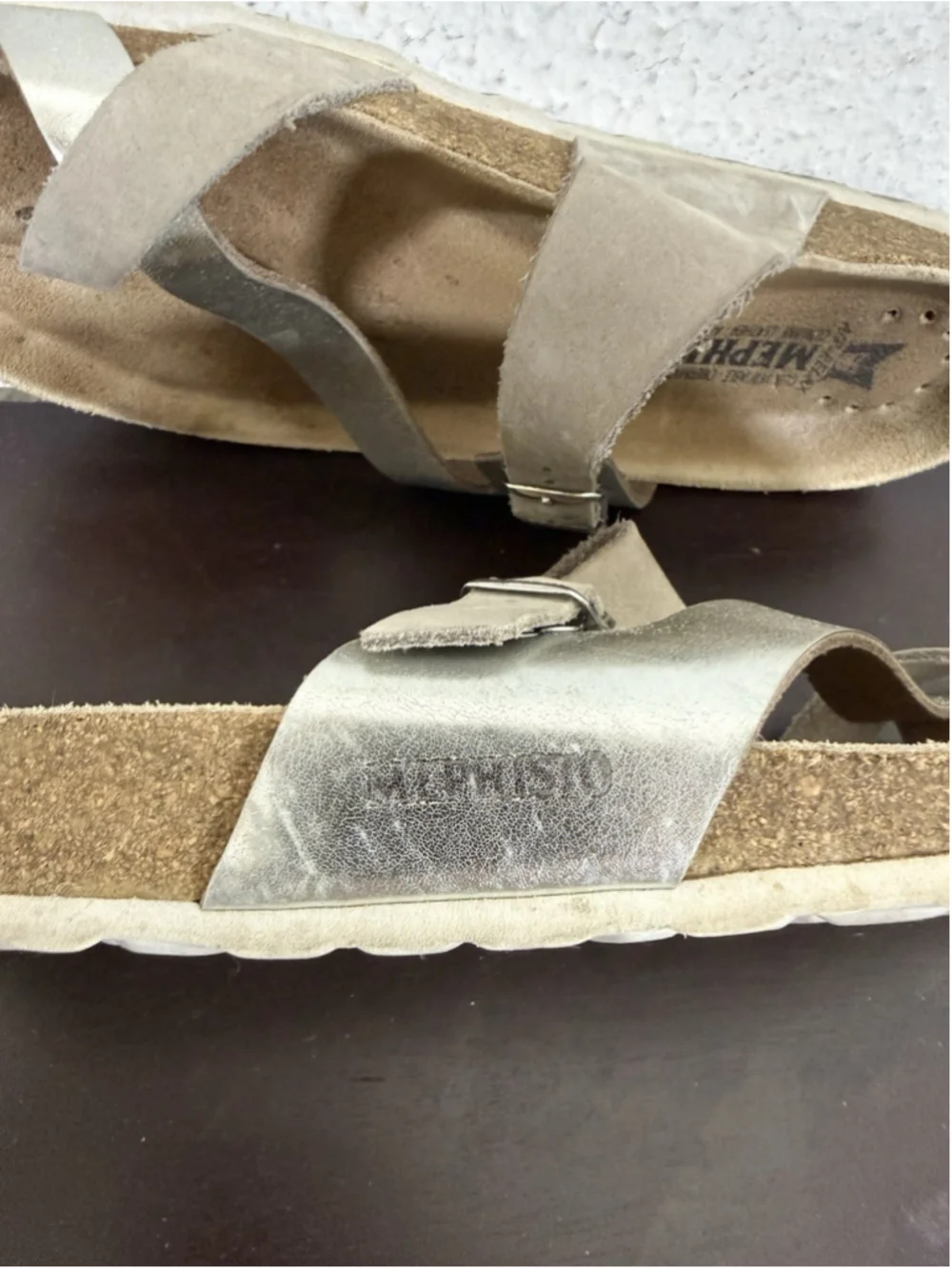 Mephisto Nalia Sandal Womens 38EU/8US Slip On Slide Silver & Tan Leather Boho